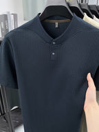 New Summer Style Men's Short-Sleeve Polo T-Shirt with Small V-Neck and Two-Button Placket, Fashionable and Versatile Sporty Casual Men's Apparel, Skin-Friendly, Comfortable, Stylish, Slimming, and Breathable, HF66180 - Navy Color