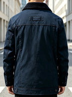 DIFFELEMENT Men's Lapel Workwear Jacket with Temperature-Locking Cold-Resistant and Wear-Resistant Snap Button Placket, Multiple Pockets for Storage, Chest Embroidery Decoration, Label Detail, Neat Stitching Craftsmanship, Classic Vintage Workwear - Navy Color