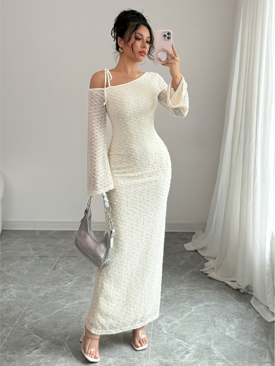 YY0717063 Elegant Women'S Casual Long-Sleeve Asymmetrical Long Dress, a Graceful And Comfortable Outfit Suitable for Daily Wear, Dates, Parties, Or Business Occasions #A6632 - Milky