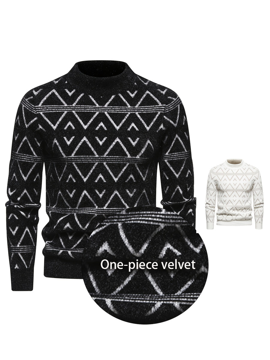 SENMEIGUO 2026 Autumn/Winter New Fashionable Jacquard Men'S Half High Collar Knitted Sweater, Color Contrasting Casual Warm Top - Black