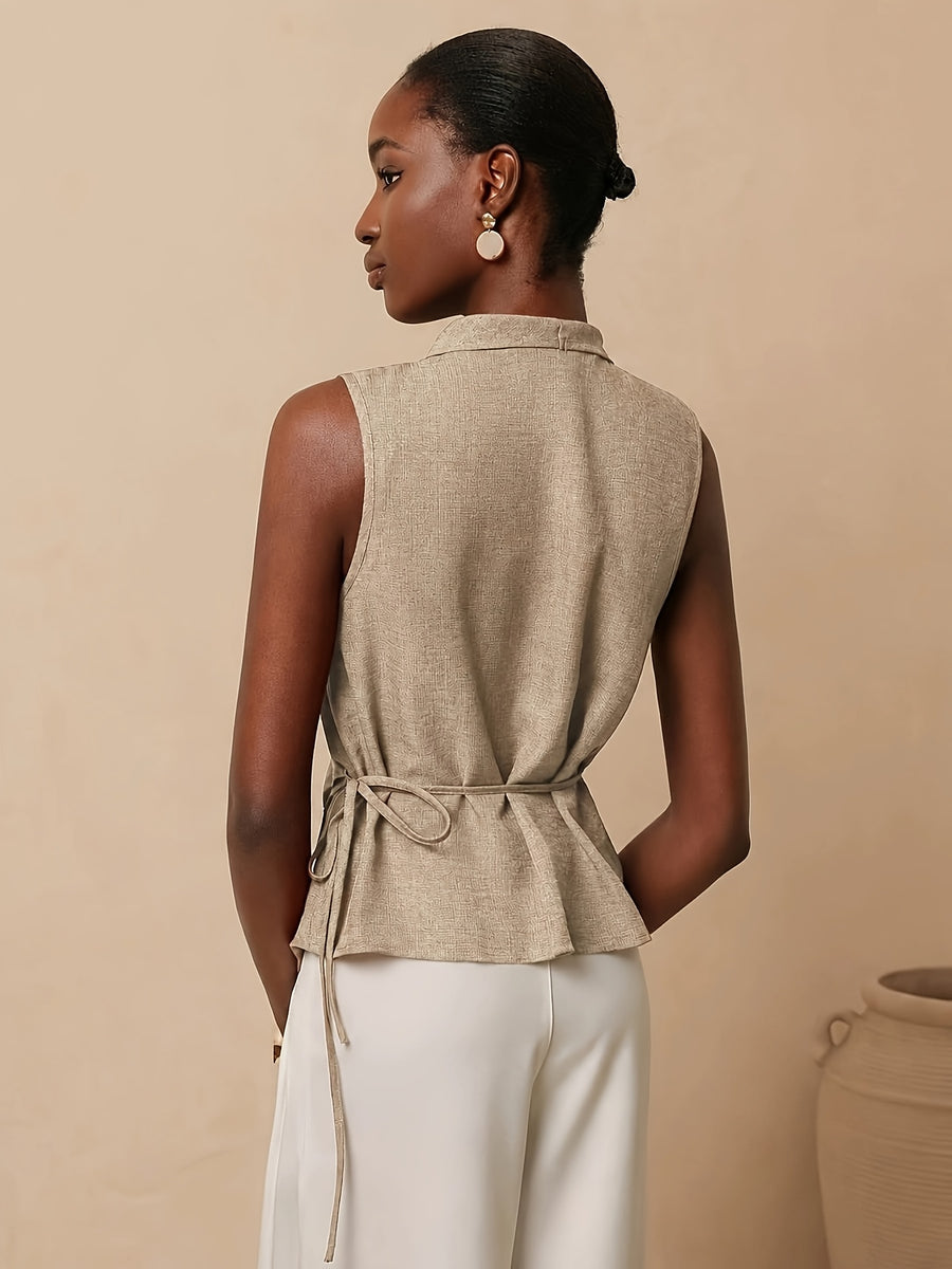 Women'S Solid Color Knotted Asymmetrical Hem Casual Versatile Daily Wear Shirt - Apricot