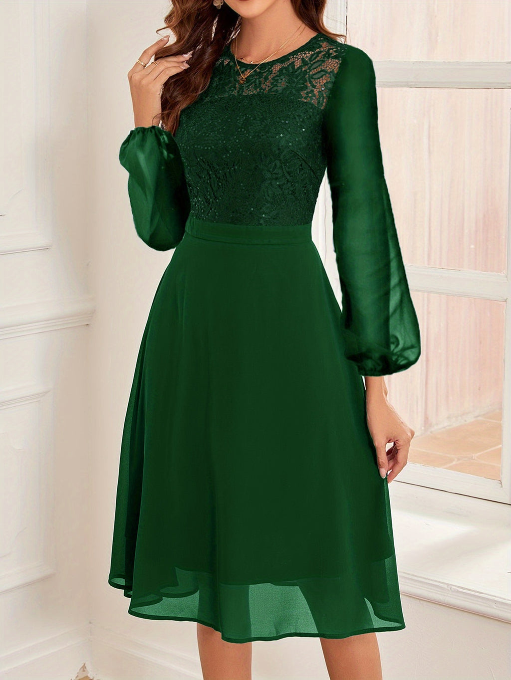 Women's Wedding Bridesmaid Dress, Chiffon Sequin Lace Long Sleeve Midi Cocktail Dress - Green