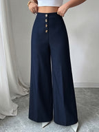 Women's New High Waisted Blue Straight Leg Pants with a Single Breasted Front, Simple, Elegant and Fashionable Pants - Blue