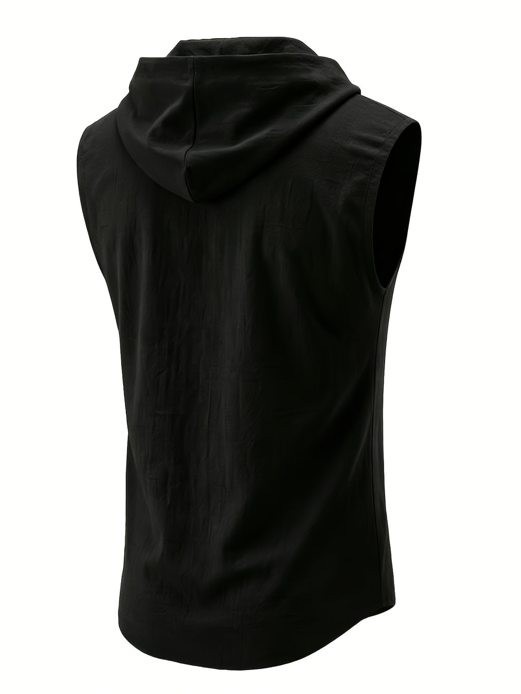 Pearson OBM Summer Men's Hooded Sleeveless T-Shirt, Linen-Textured Henley Neck Vest with Letter Print, Casual Sportswear Top, Versatile Top for Commuting, Dating, and Outings - Black