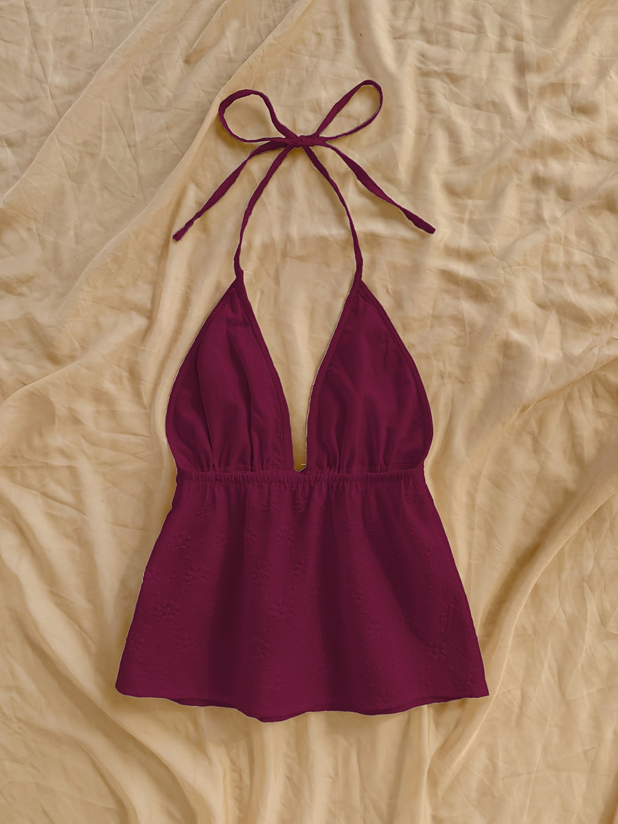Solid Floral Texture Cute Top - Reddish Purple