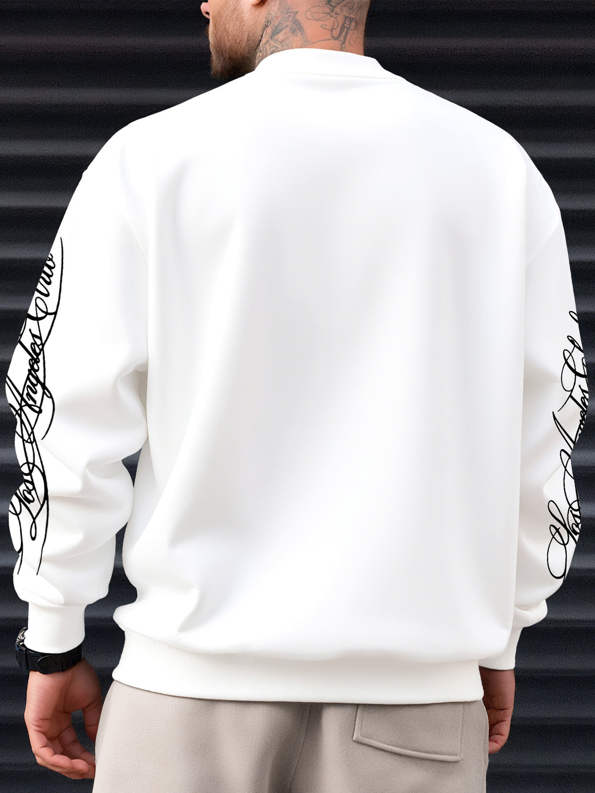 Men's Street-Style Cool Fashion Crewneck Sweatshirt with Smooth Handwritten Font Print, for Daily Casual Trendy Wear - White