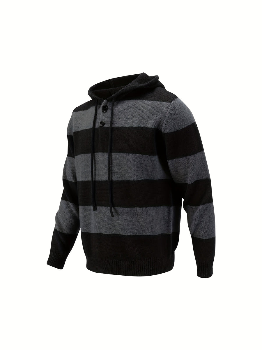 Men'S Hooded Sweater Autumn Winter New Fashion Casual Sweatshirt Knit Pullover Long Sleeve Warm Top Men, Regular Fit, Daily, Striped - Dark Gray
