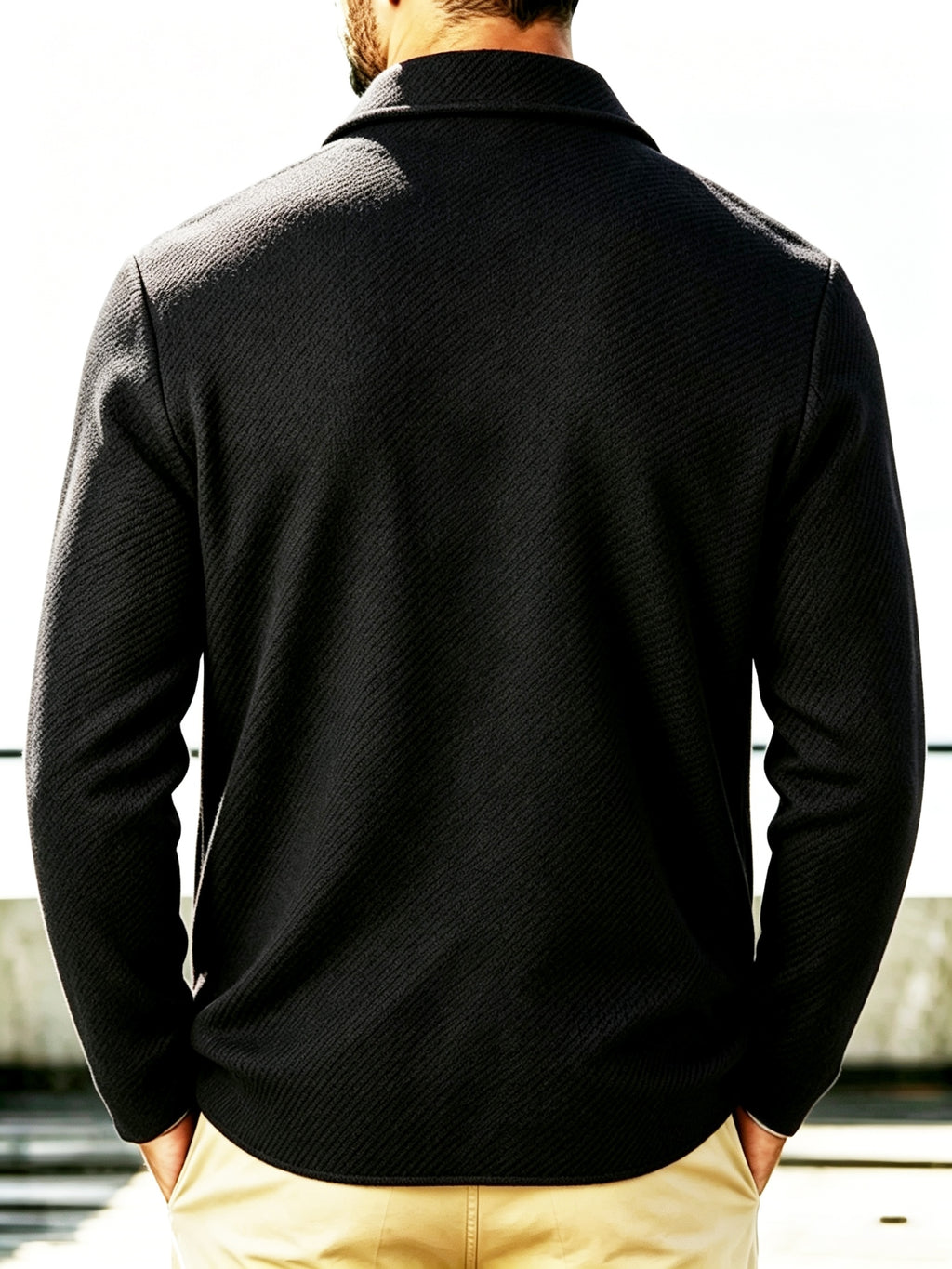 Men's New Spring, Autumn, and Winter Collection: Twill Textured Fabric Single-Breasted Notched Lapel Cardigan with Double Pockets, a Versatile Long-Sleeve Business Casual Outerwear. Soft, Comfortable, and Stylish Knitted Solid-Color Jacket - Black