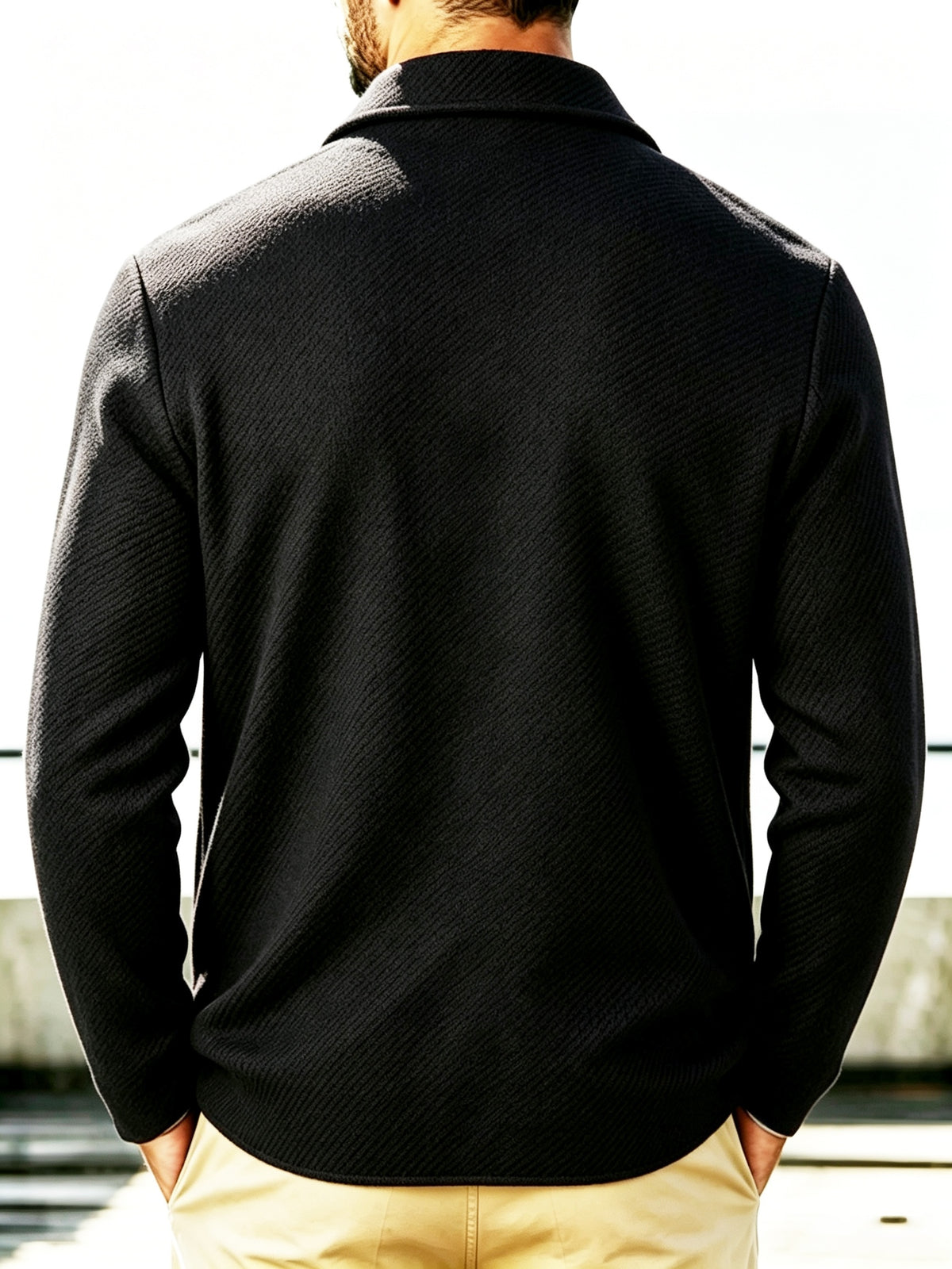 Men's New Spring, Autumn, and Winter Collection: Twill Textured Fabric Single-Breasted Notched Lapel Cardigan with Double Pockets, a Versatile Long-Sleeve Business Casual Outerwear. Soft, Comfortable, and Stylish Knitted Solid-Color Jacket - Black