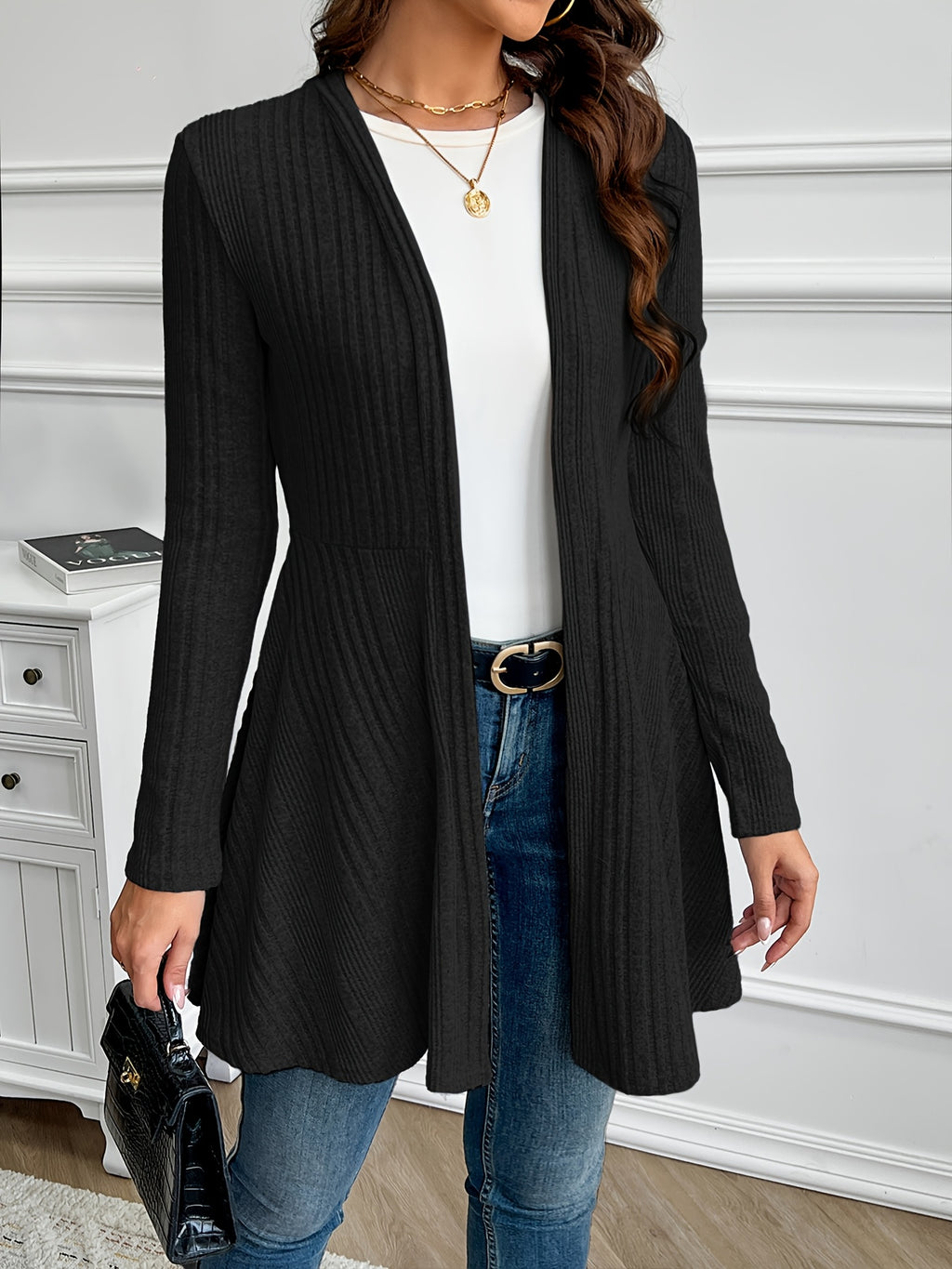 Plain Textured Loose Spring/Autumn Outerwear - Black