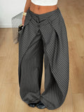 Women'S Retro Striped Wide-Leg Trousers with Cross-Waist Head Loose Drapey Floor-Length Pants Casual Suit Trousers - Gray Stripes