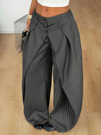 Women'S Retro Striped Wide-Leg Trousers with Cross-Waist Head Loose Drapey Floor-Length Pants Casual Suit Trousers - Gray Stripes