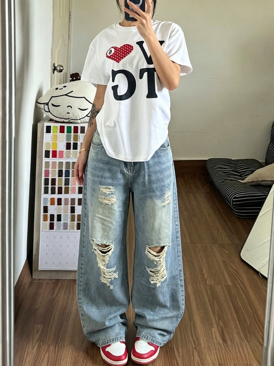 New Autumn American Vintage Style Women's Distressed Wide-Leg Jeans, Washed and Distressed High-Waist Loose-Fit Straight-Leg Baggy Floor-Length Pants - Blue