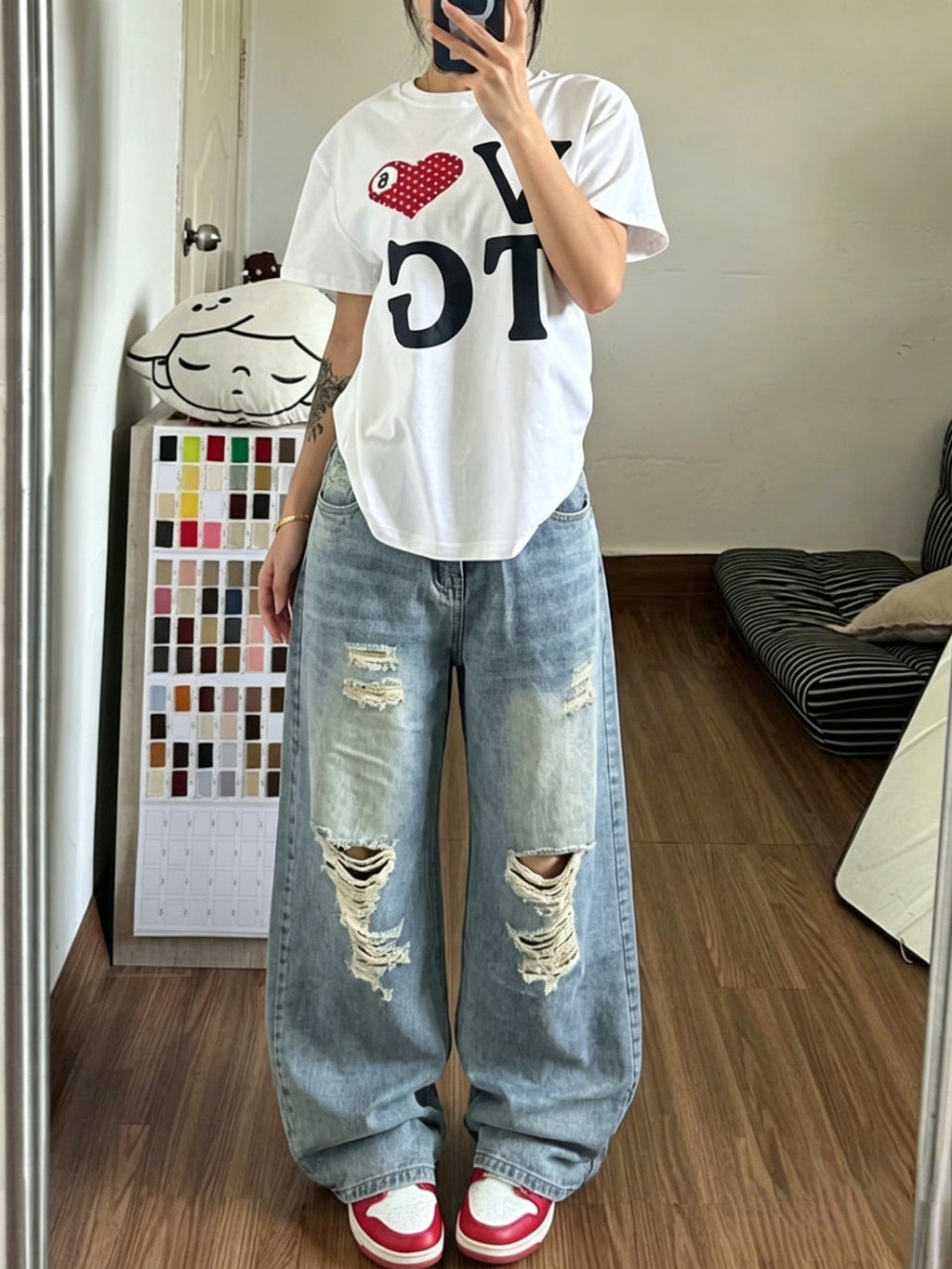 New Autumn American Vintage Style Women's Distressed Wide-Leg Jeans, Washed and Distressed High-Waist Loose-Fit Straight-Leg Baggy Floor-Length Pants - Blue