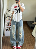 New Autumn American Vintage Style Women's Distressed Wide-Leg Jeans, Washed and Distressed High-Waist Loose-Fit Straight-Leg Baggy Floor-Length Pants - Blue