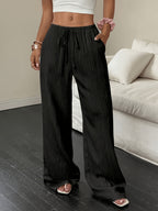 Women's Elegant Tie-Waist Wide-Leg Pants - Solid Color Machine-Washable Trousers for Spring, Summer, and Autumn, Versatile and Comfortable Style with Pockets for Both Casual and Formal Wear - Black