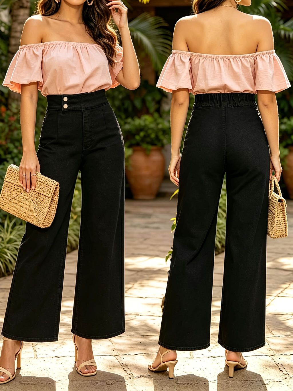 Women'S High-Waist Wide-Leg Jeans Summer Casual Daily Relaxed Fit for Shopping Street Wear High Quality Elegant Long Trousers Double Button Solid Black Elastic Waist Comfy Denim Fabric - Black