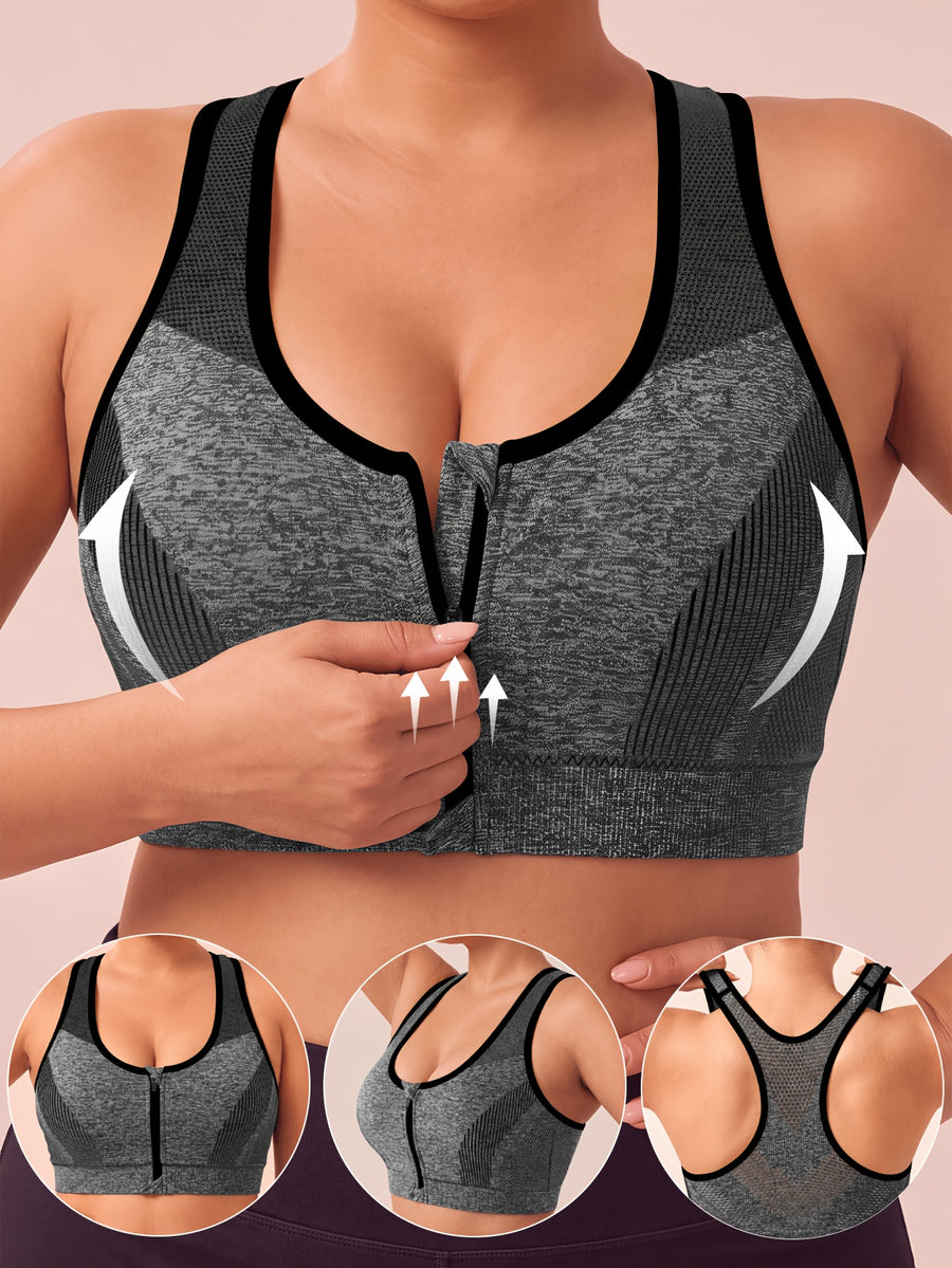 Plus Size Women'S Solid Color Wire-Free Front Zip Sports Bra, Gathering Fit Comfortable Breathable Casual Athletic Style, Suitable for Running, Fitness, Yoga, Outdoor Activities, And All Seasons - Black