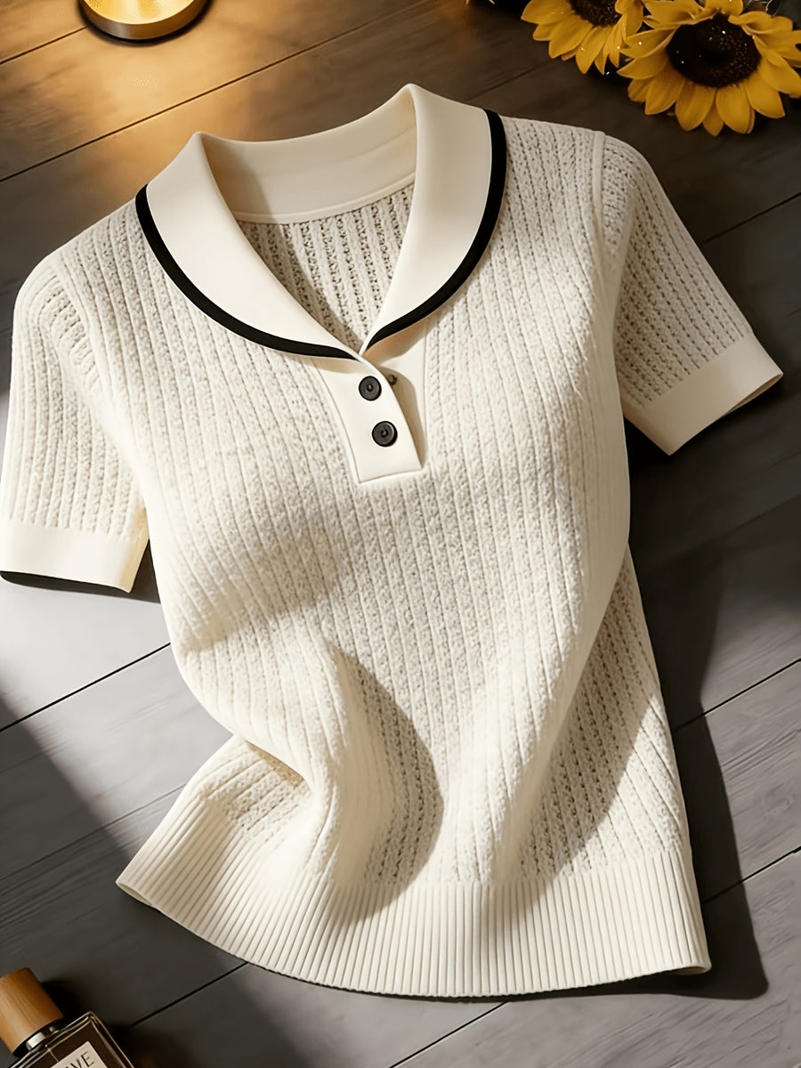 Women'S Summer Clothing Short Sleeve Solid Color Sweater, Lapel Hollow Out Design, Slim Fit Style Pullover, Spring Summer Season - Off-white