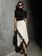 Polka Dot Lace Trim Asymmetrical Midi Skirt - Beige