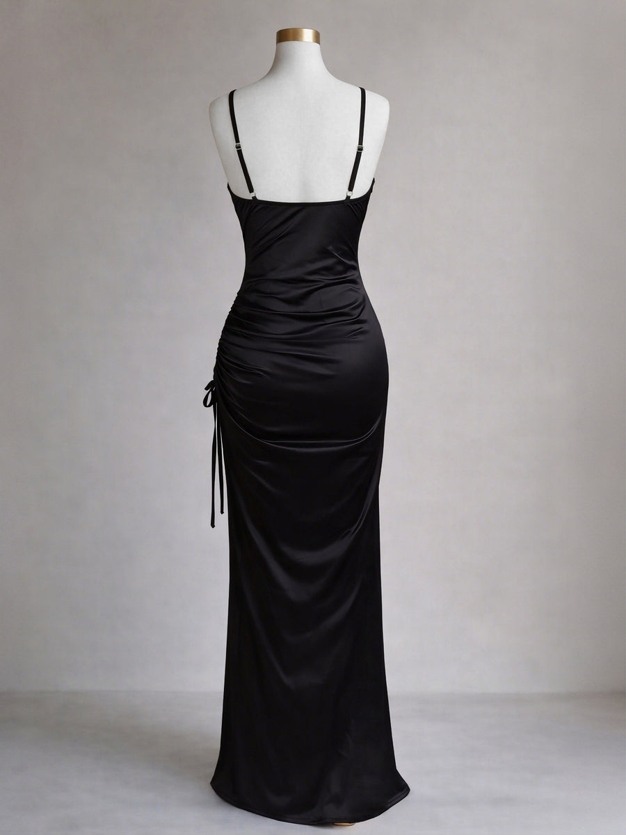 New Women'S French Premium Texture Black Cami Dress High-Waist Slimming Side-Slit Sexy Women'S Dress for Banquets, Parties, And Wedding Bridesmaid Dresses - Black