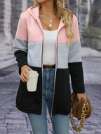 Women's Elegant Contrast Color Fleece Thickened Hooded Cardigan - Full Zip Hooded Jacket Full-Length Zip Closure, Pink/Gray/Black - Contrast Color Design, Machine Washable Autumn Winter Sweater, Soft Texture, Warm Outerwear for Autumn Winter, Office - Pink Color