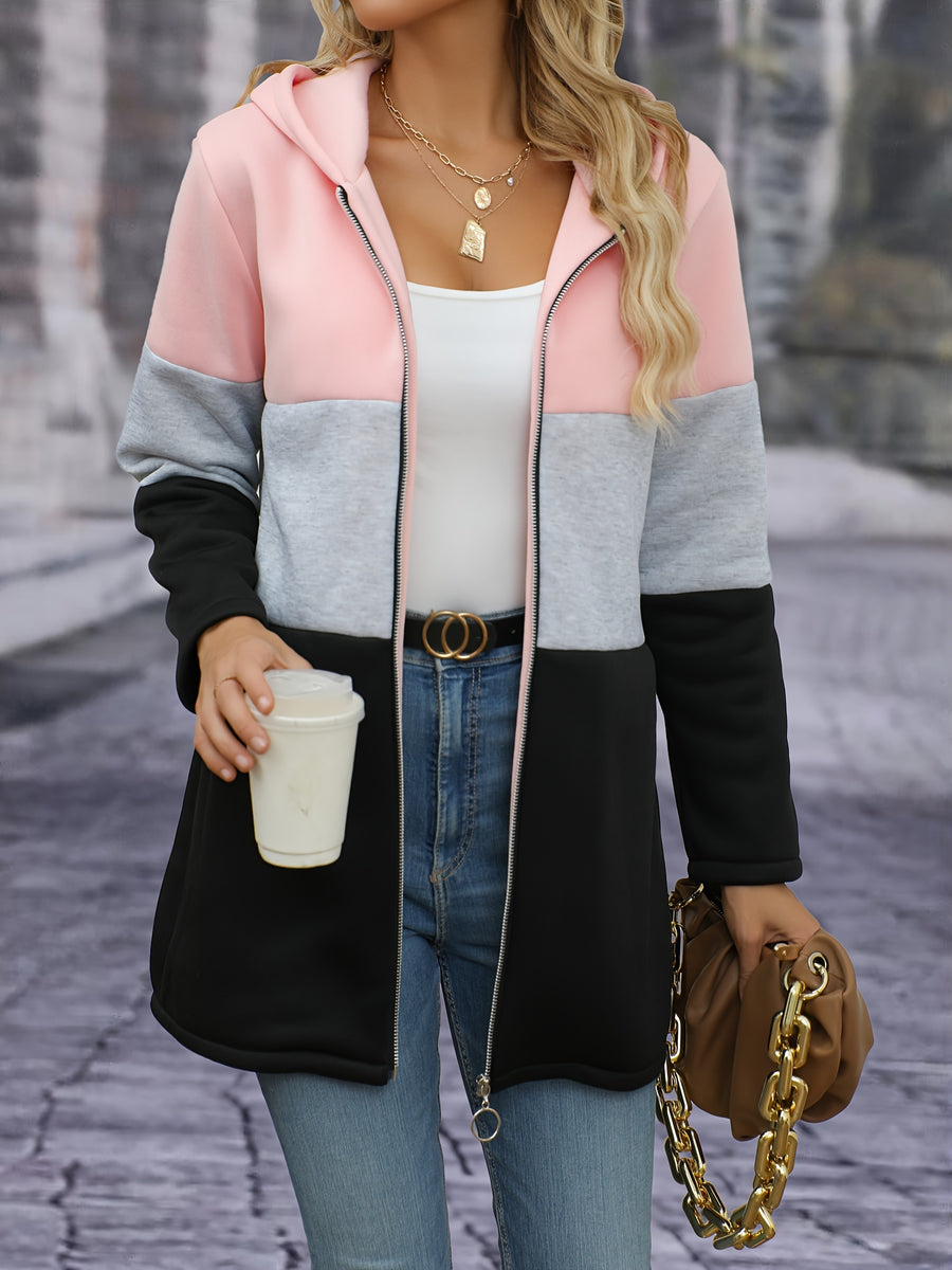 Women's Elegant Contrast Color Fleece Thickened Hooded Cardigan - Full Zip Hooded Jacket Full-Length Zip Closure, Pink/Gray/Black - Contrast Color Design, Machine Washable Autumn Winter Sweater, Soft Texture, Warm Outerwear for Autumn Winter, Office - Pink Color