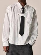 Men'S White Casual Long Sleeve Shirt with Detachable Tie Gift, Spring Autumn New Niche Design Lapel Single Button Long Sleeve Shirt, Loose Comfortable Fit for Daily Commute, Street Outings, Dates, Parties, Fashionable Versatile Casual Shirt - White