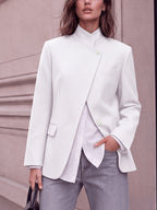 Stand-up Collar with Irregular Slanted Placket, Women's Casual Blazer, Versatile and Elegant Commuter Blazer Top, Dual-wear Suit for Daily and Workplace, Lined, with Pockets - White