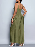 Women'S Draped Front Lace Up Backless Wide Leg Cami Jumpsuit | Elegant Solid Color, Sleeveless, Long Length, Suitable for Everyday Wear & Vacation - Olive Green