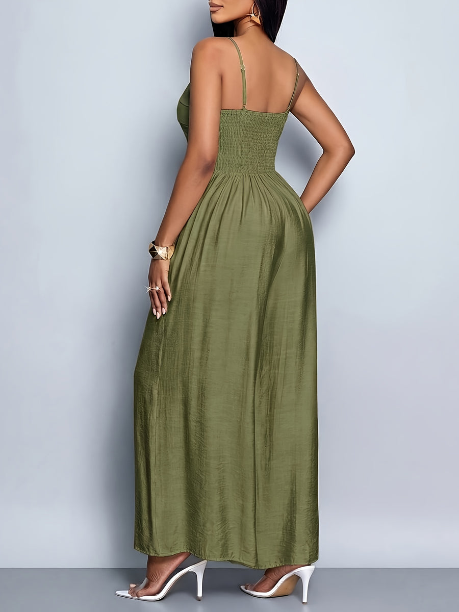 Women'S Draped Front Lace Up Backless Wide Leg Cami Jumpsuit | Elegant Solid Color, Sleeveless, Long Length, Suitable for Everyday Wear & Vacation - Olive Green