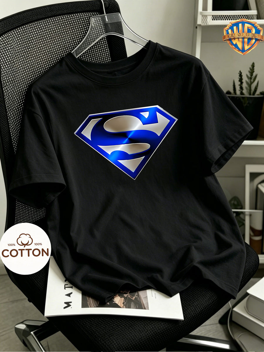 [Warner Authorized] 100% Cotton, Superman Blue Silvery Metal Spring/summer/autumn/winter Men's and Women's Short Sleeved T-shirt, Round Neck Comfortable Top, Soft and Comfortable Fabric, Perfect for Home, Sports, Outdoor, Casual and Daily Wear - Black