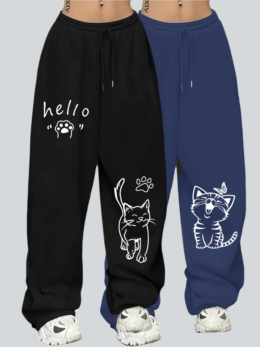 2pcs Plus Size Women'S Casual Wide-Leg Athletic Pocket Sweatpants, Solid Color Drawstring Pattern Printed Sweatpants - Black + Navy Blue