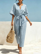 Women'S Solid Color Fashionable Elegant Jumpsuit, Puff Sleeve, Waist Belted Overalls, Solid Fabric, Straight Leg Jumpsuit - Light Blue