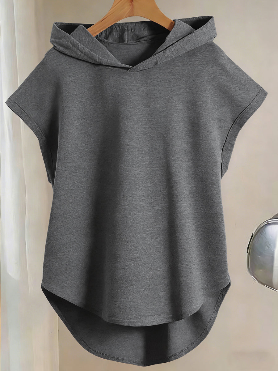 Y Style Hooded T-Shirt, Y2K Style Sleeveless Hooded T-Shirt, Lightweight Curved Hem T-Shirt Suitable for Casual Daily Wear - Dark Gray
