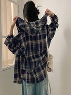 Brown Hooded Plaid Shirt - Navy Color