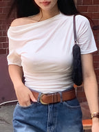 Fashionable Versatile Pleated Slim Fit Off-Shoulder Solid Color Women's T-Shirt - White