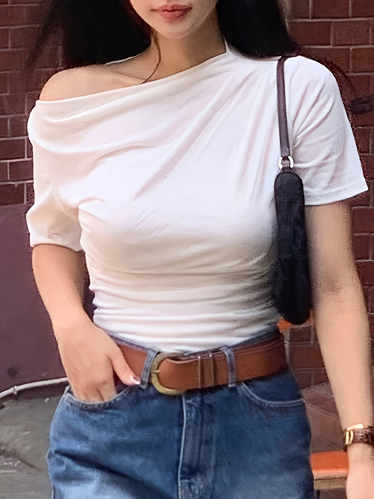 Fashionable Versatile Pleated Slim Fit Off-Shoulder Solid Color Women's T-Shirt - White