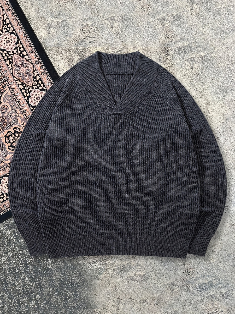Autumn/Winter Men's Fall Outfit, Back-to-School Apparel, European and American Style Casual Loose Fit Commuting Simple Solid Color Versatile Half-Open Placket Lapel V-Neck Sweater, Long Sleeve Pullover Knit Fabric - Grey