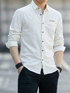 Men'S Casual Shirt, Spring/Autumn Style Linen-Like Collar Long Sleeve Versatile Solid Color Shirt, Minimalist Letter Print on Chest, Slim Fit Slimming Business Casual Top, Youth Daily Commute Versatile Men'S Clothing - White