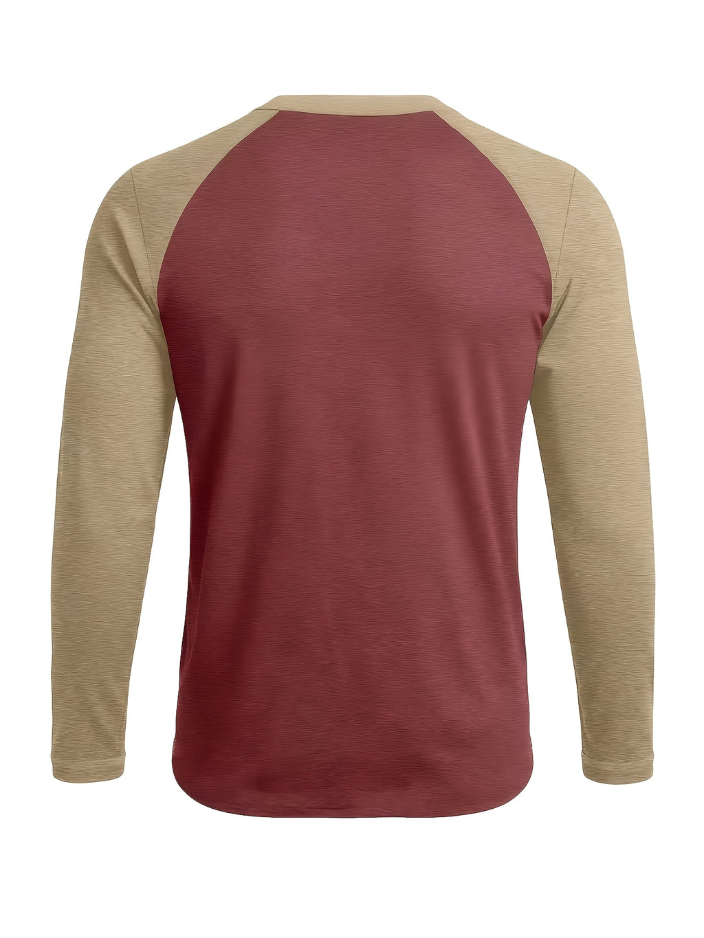 [Printed Design - Not Textured] Men's Long Sleeve Crew Neck T-Shirt, European and American Style Men's Apparel, Color Block Base Layer Top - Maroon 2