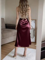 Fashionable City Commute Casual Outing Beach Vacation Home Outerwear Slit Satin-Like Pink Women'S Skirt - Burgundy
