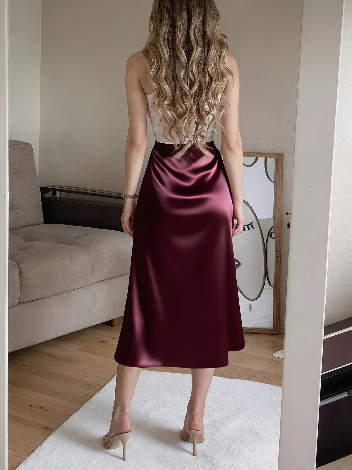 Fashionable City Commute Casual Outing Beach Vacation Home Outerwear Slit Satin-Like Pink Women'S Skirt - Burgundy
