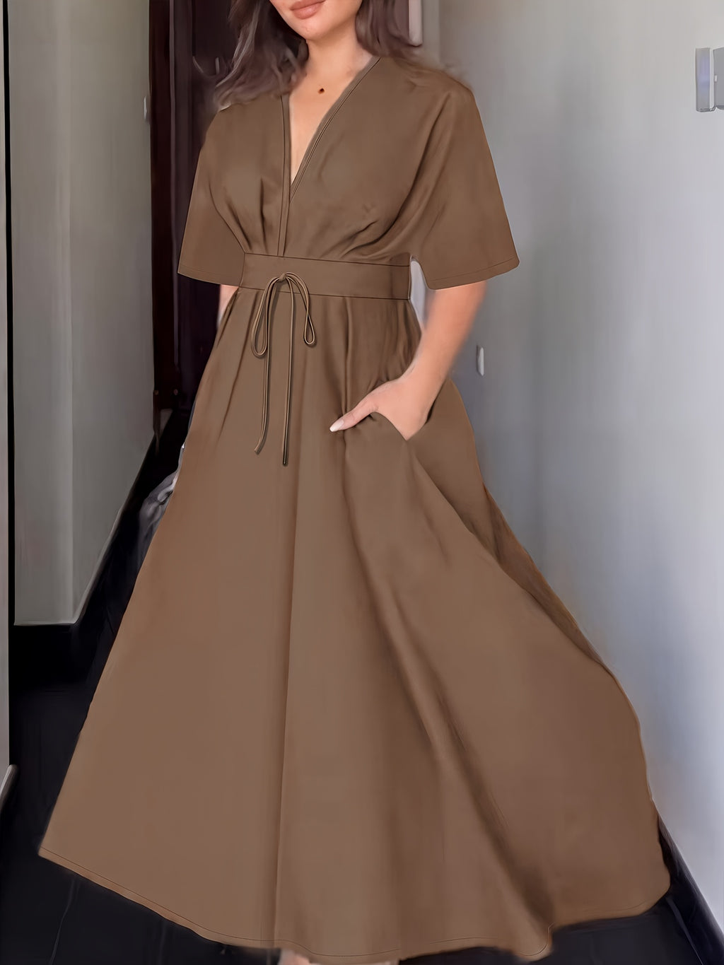 Summer New Style Women's Clothing Dress and Pants with V-neck Short Sleeves and Belt. Sexy and Elegant Style, Suitable for Fashionable Daily and Casual Wear. - Dark Brown