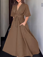 Summer New Style Women's Clothing Dress and Pants with V-neck Short Sleeves and Belt. Sexy and Elegant Style, Suitable for Fashionable Daily and Casual Wear. - Dark Brown