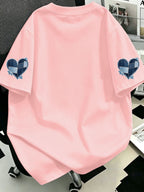 Plus Size, Plus Size Women's Casual Denim Patchwork Heart Print Crew Neck T-Shirt, Comfortable and Relaxed, Suitable for Summer Vacations, Beach, Holidays, Spring, Valentine's Day, Carnival Gifts - Pink Color