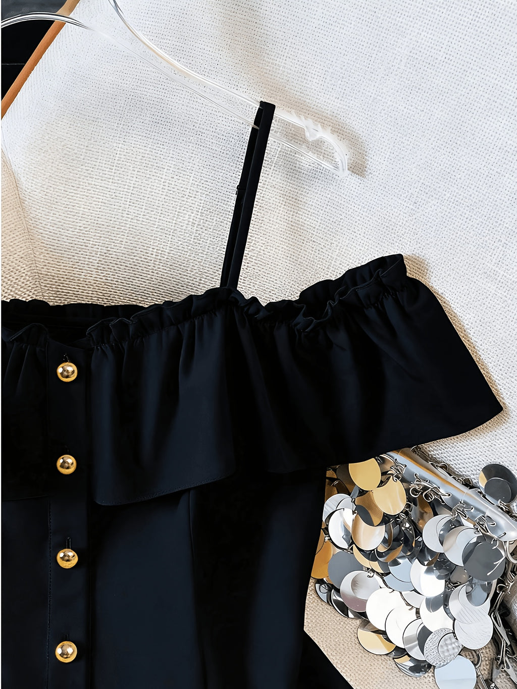 Women's Summer Casual Solid Color Off-Shoulder Ruffle Camisole Tank Top - Black