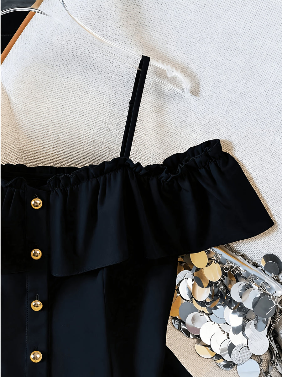 Women's Summer Casual Solid Color Off-Shoulder Ruffle Camisole Tank Top - Black