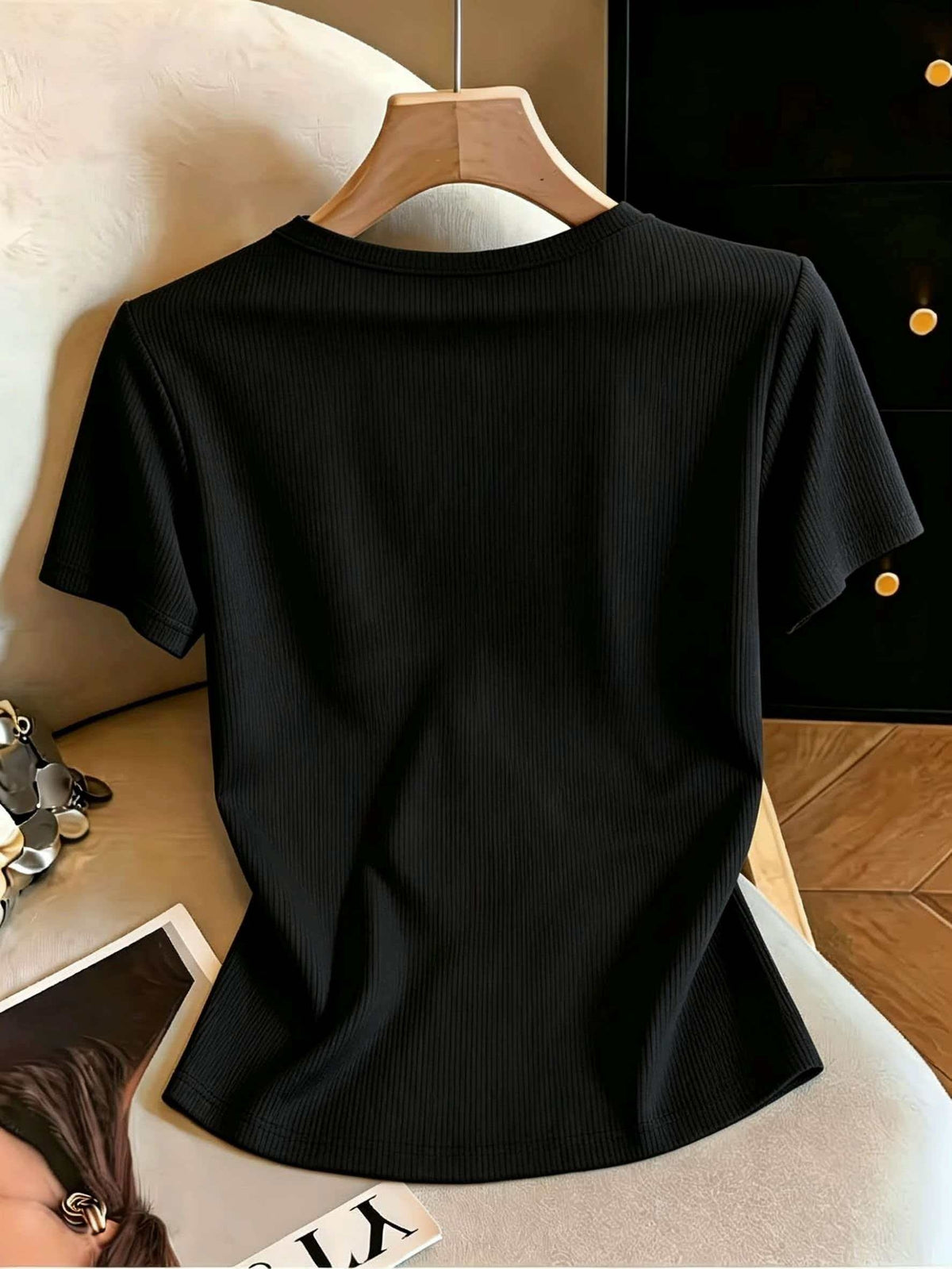 Women'S Summer Sexy Fitted Round Neck Metallic Embellished Hollow-Out Elegant Vacation Travel Short Sleeve T-Shirt - Black