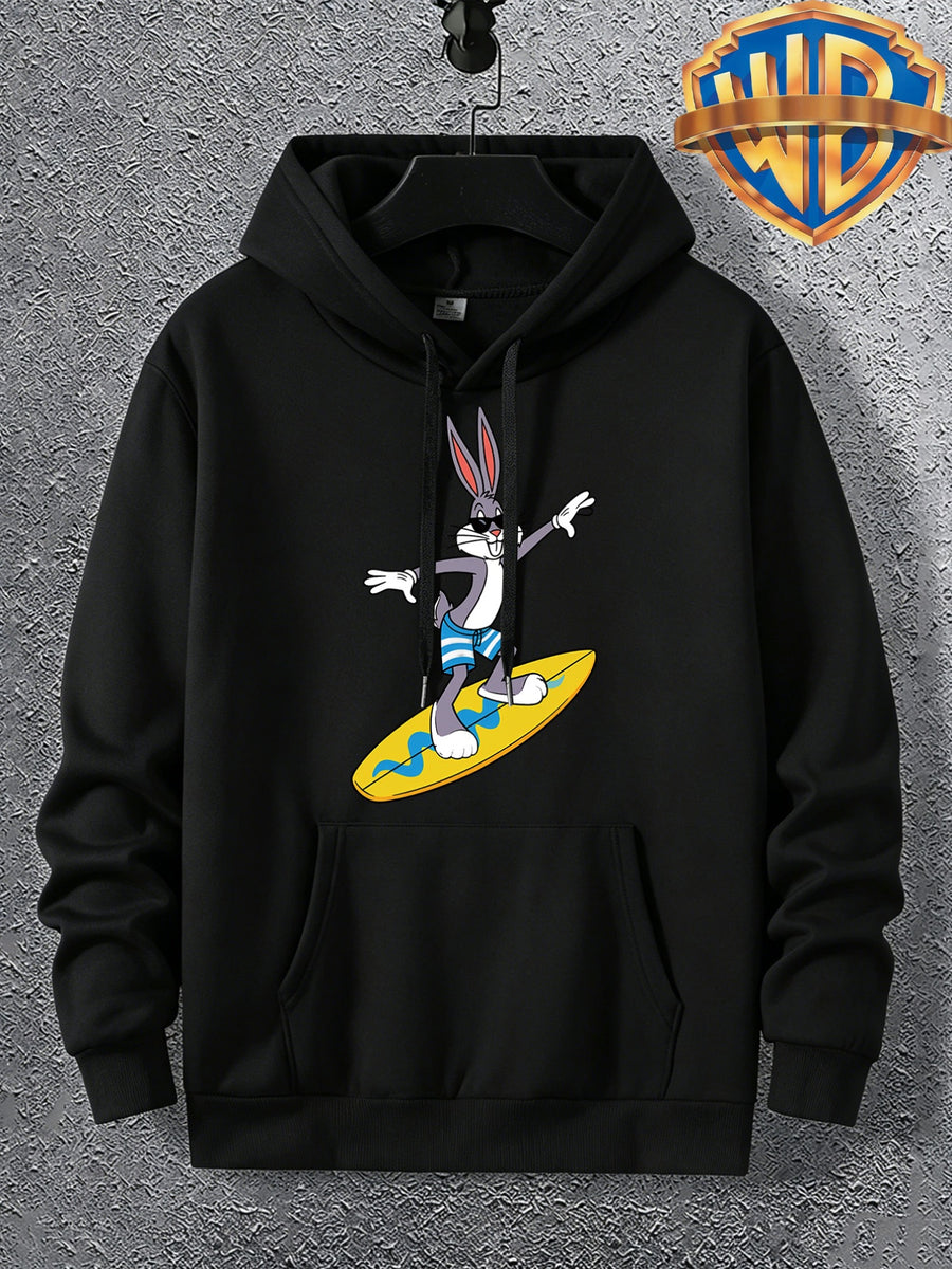 Warner Bros. Official Men's Autumn Hooded Sweatshirt, with Ribbed Cuffs, Breathable Polyester Fabric, Summer Beach Surfing Anime Print, Suitable for Casual and Sporty Outfits, Friend Gatherings, and Daily Shopping, Pocket Storage - Black